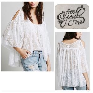 Free People Oversized "Lost in Austin" Lace Sheer Boho Top Size XS